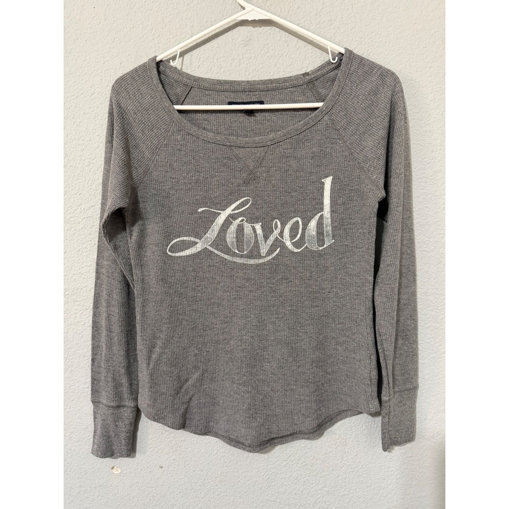 American Eagle Women Top XS Grey Loved Waffle Knit Thermal Scoop Neck Raglan Y2K